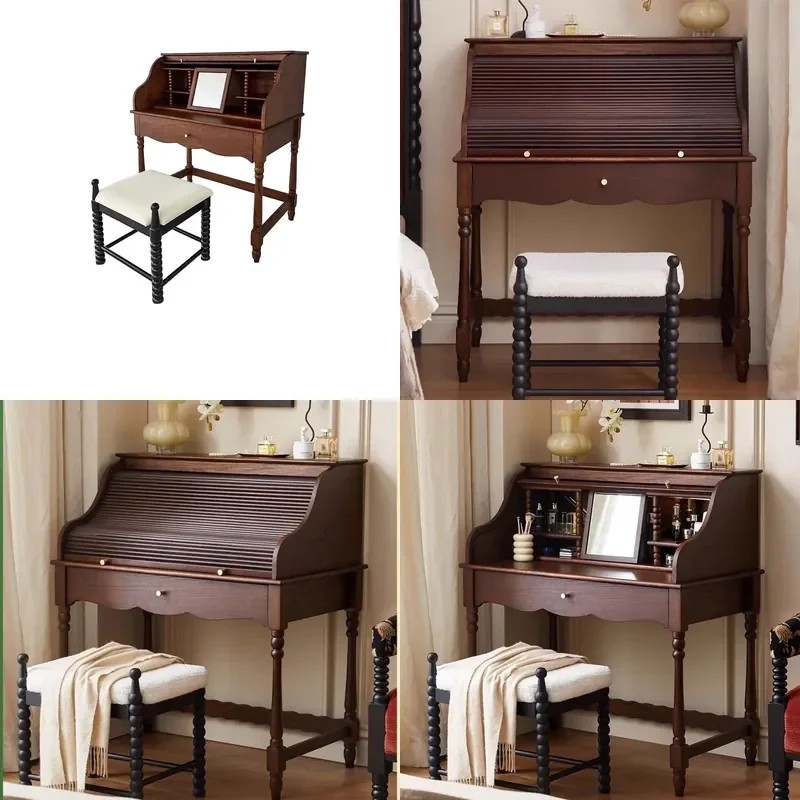French Retro Solid Wood Roller Shutter Vanity Desk with Storage American Style Dresser for Small Apartment Bedroom