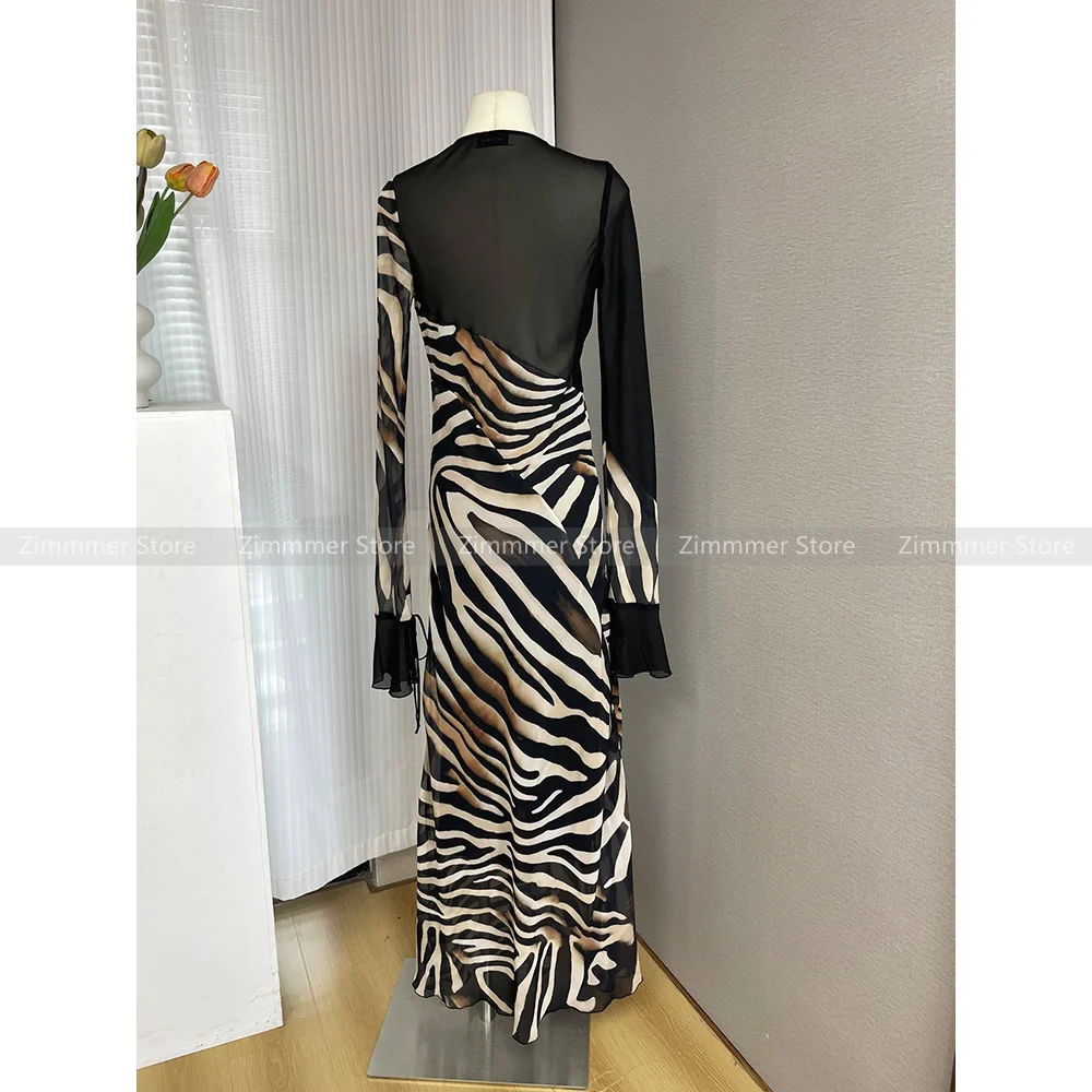 Retro sexy zebra pattern stitching cut slim fit long sleeve long dress female 2024 early autumn new