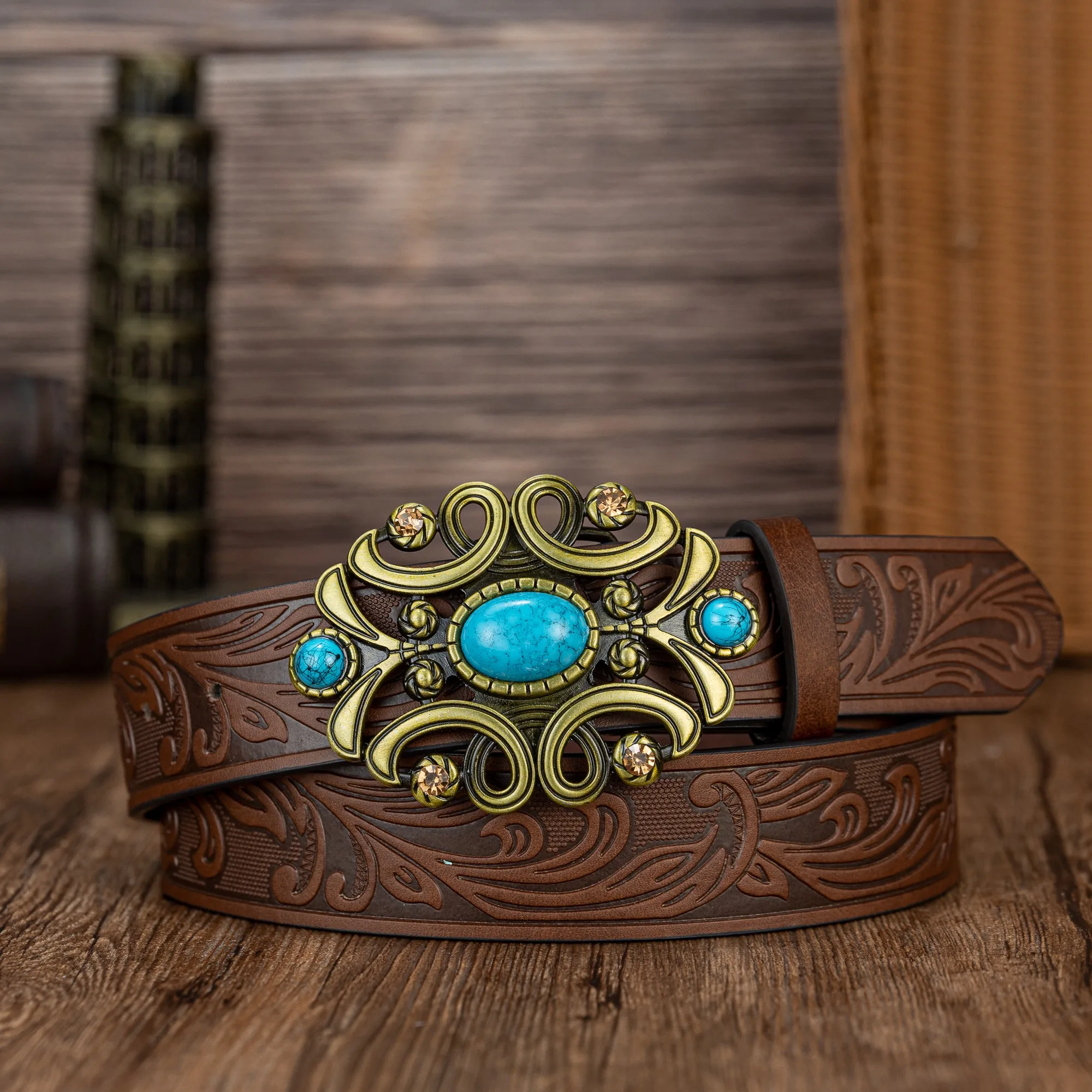 Sapphire line pattern flower big plate buckle simple tail pattern PU cintura con bottoni in rilievo