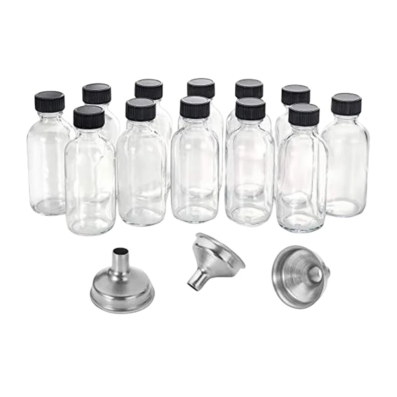 

12Pc Glass Bottles With Lids & 3 Funnels - 60Ml Bottles 2 Oz Small For Juice Ginger Shots, Whiskey,