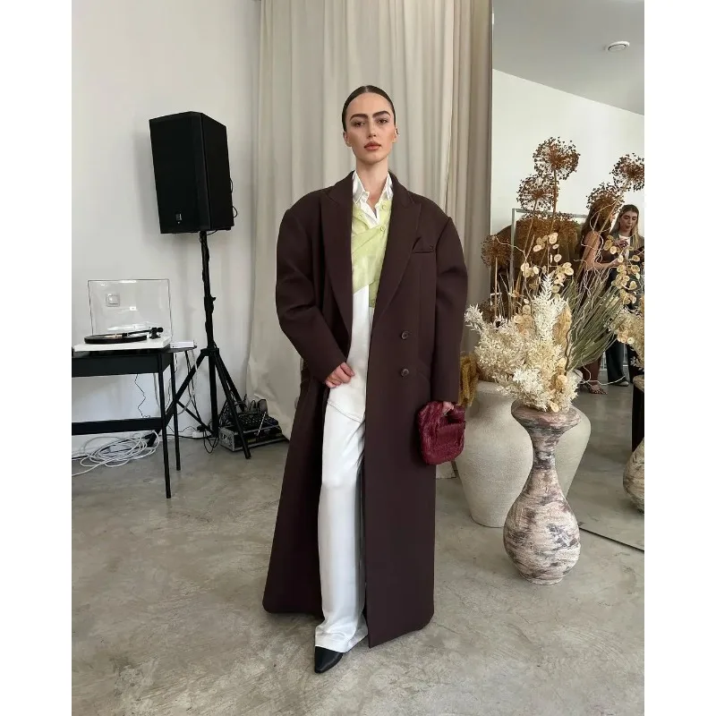 

Шикарное шерстяное пальто с лацканами, женское модное однотонное двубортное пальто с длинными рукавами, свободная верхняя одежда для женщин, осенняя повседневная куртка в стиле Highstreet