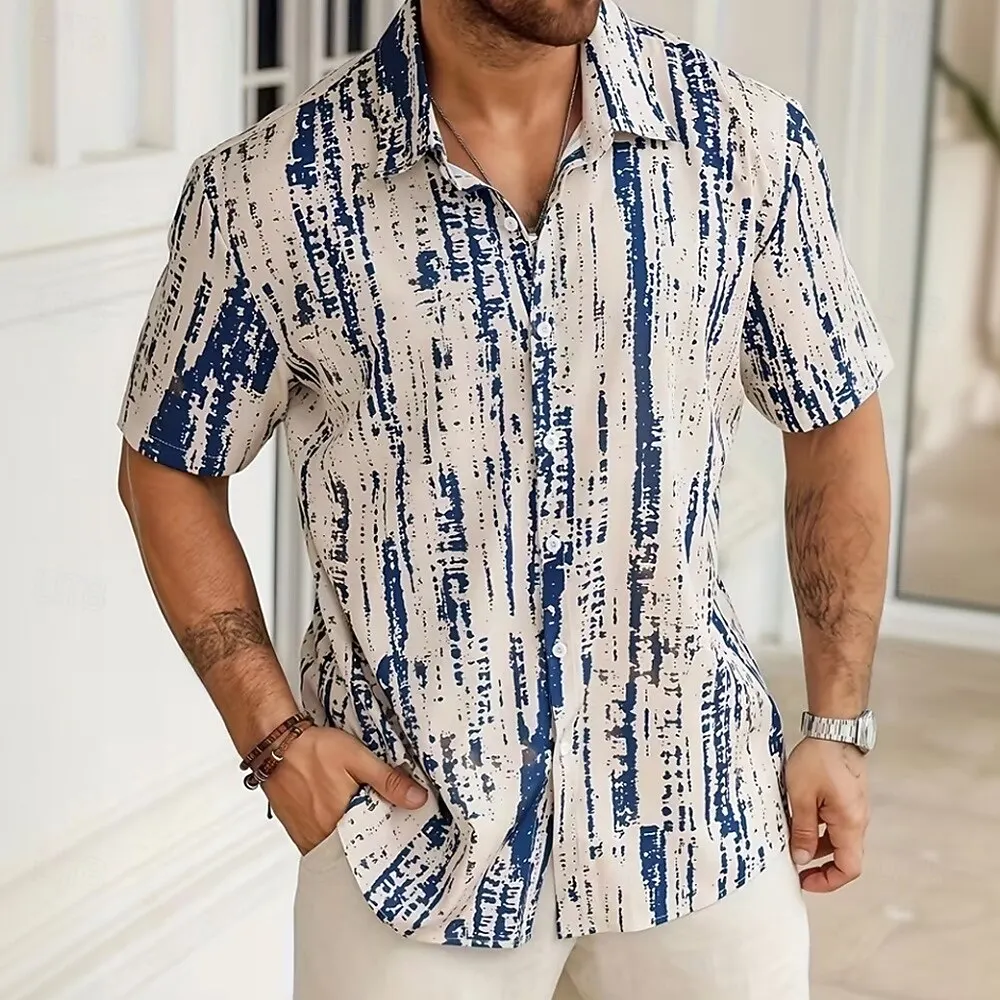 Men's Striped Geometric Abstract Shirt Button Up Short Sleeve 3D Print Turndown Shirt Blue Black Orange