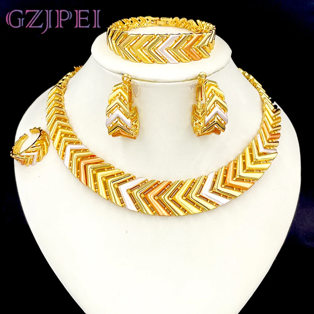 

GZJPEI Tricolor Jewelry Set For Nigerian Bridal Wedding Gift Hight Quality 18K Gold Plated Large Necklace Bracelet Earring Ring