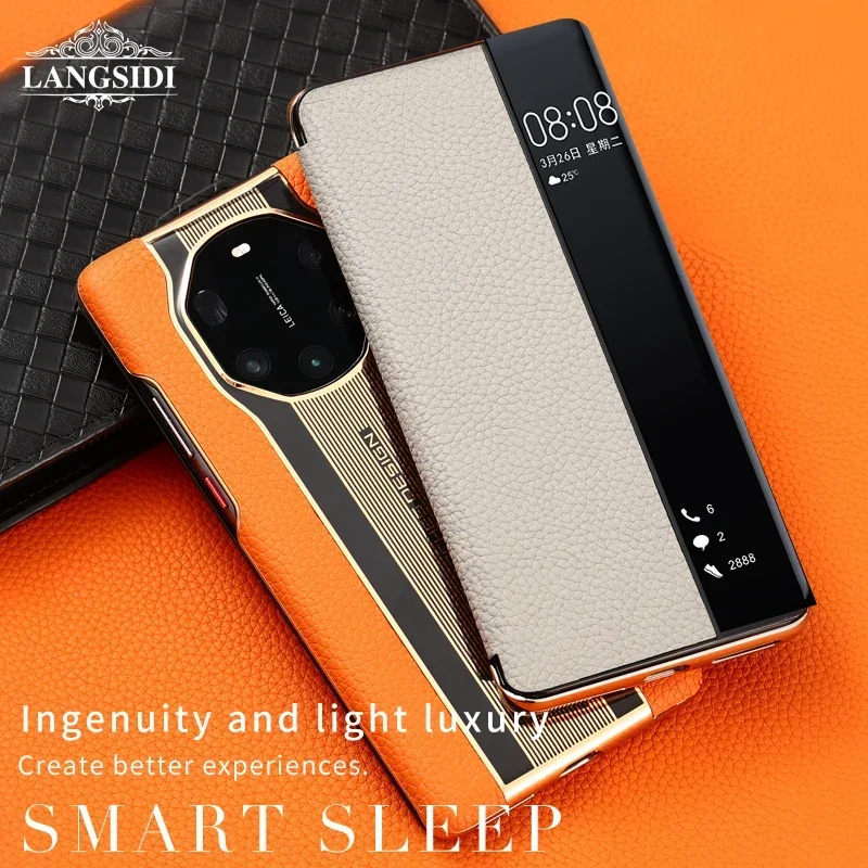 Genuine Leather Flip Cover Case for HUAWEI Mate 60 50 40 30 Pro Plus P50 Magic 3 4 Pro Smart View Wake Sleep Sport Car Call ID