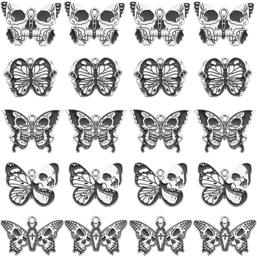 1 Box 20Pcs 5 Styles Butterfly Charms Bulk Gothic Skull Charms Moth Skeleton Charm Enamel Black White Cross Halloween