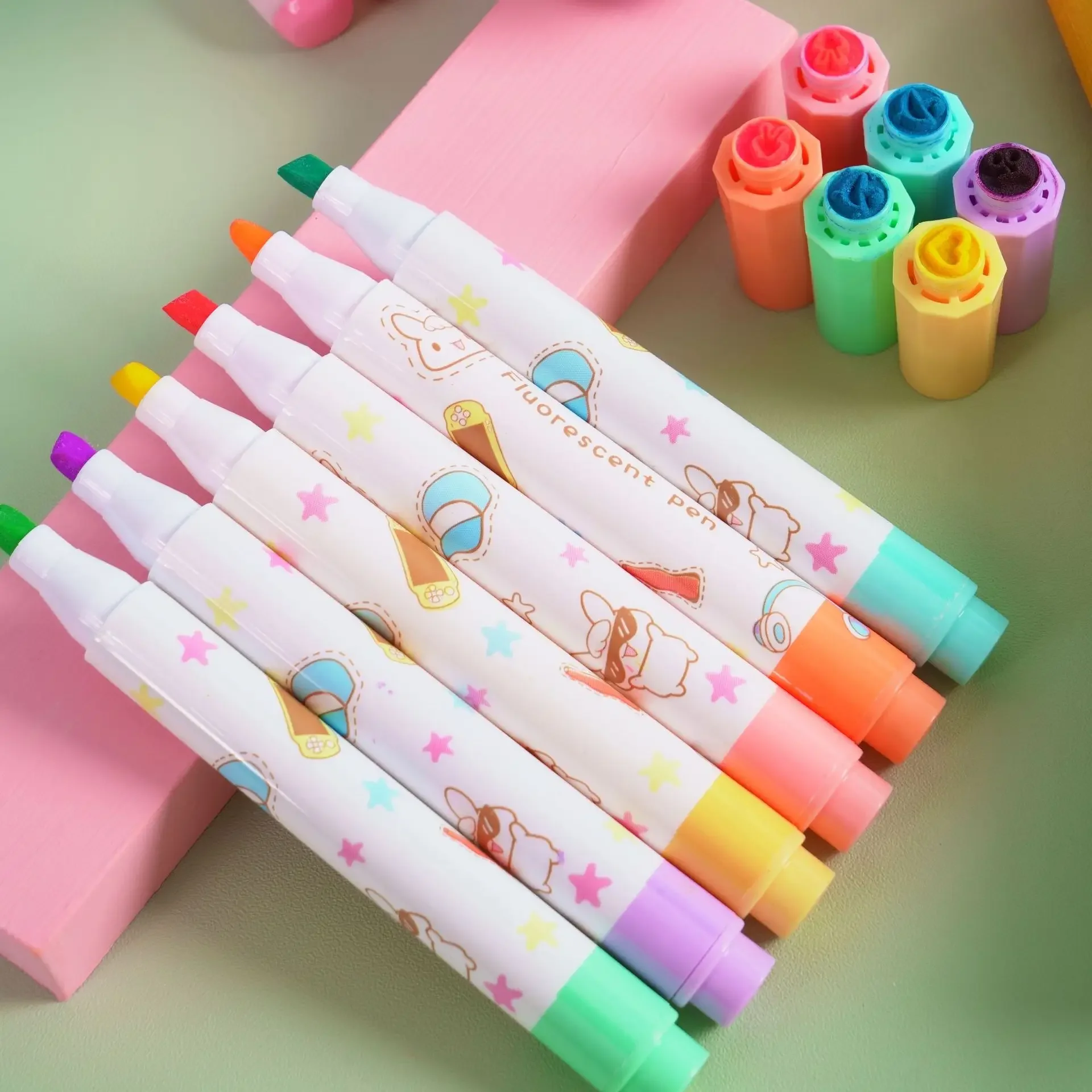 6Pcs/set Kawaii Heart Stamp Highlighter Cute Candy Colors Drawing Painting Art Marker Pen School Supplies Korean Stationery