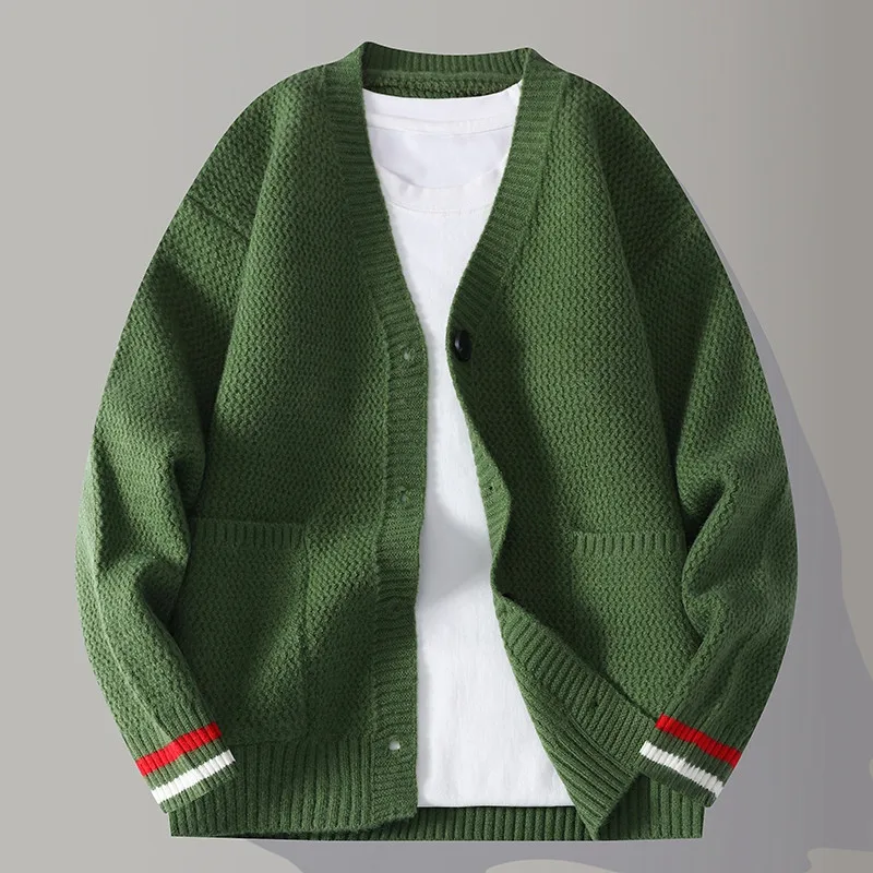 

Модный повседневный свободный мужской трикотажный кардиган, осенний сезон, полиэфирное волокно, длинный свеч, V-Ne, на пуговицах, в полоску