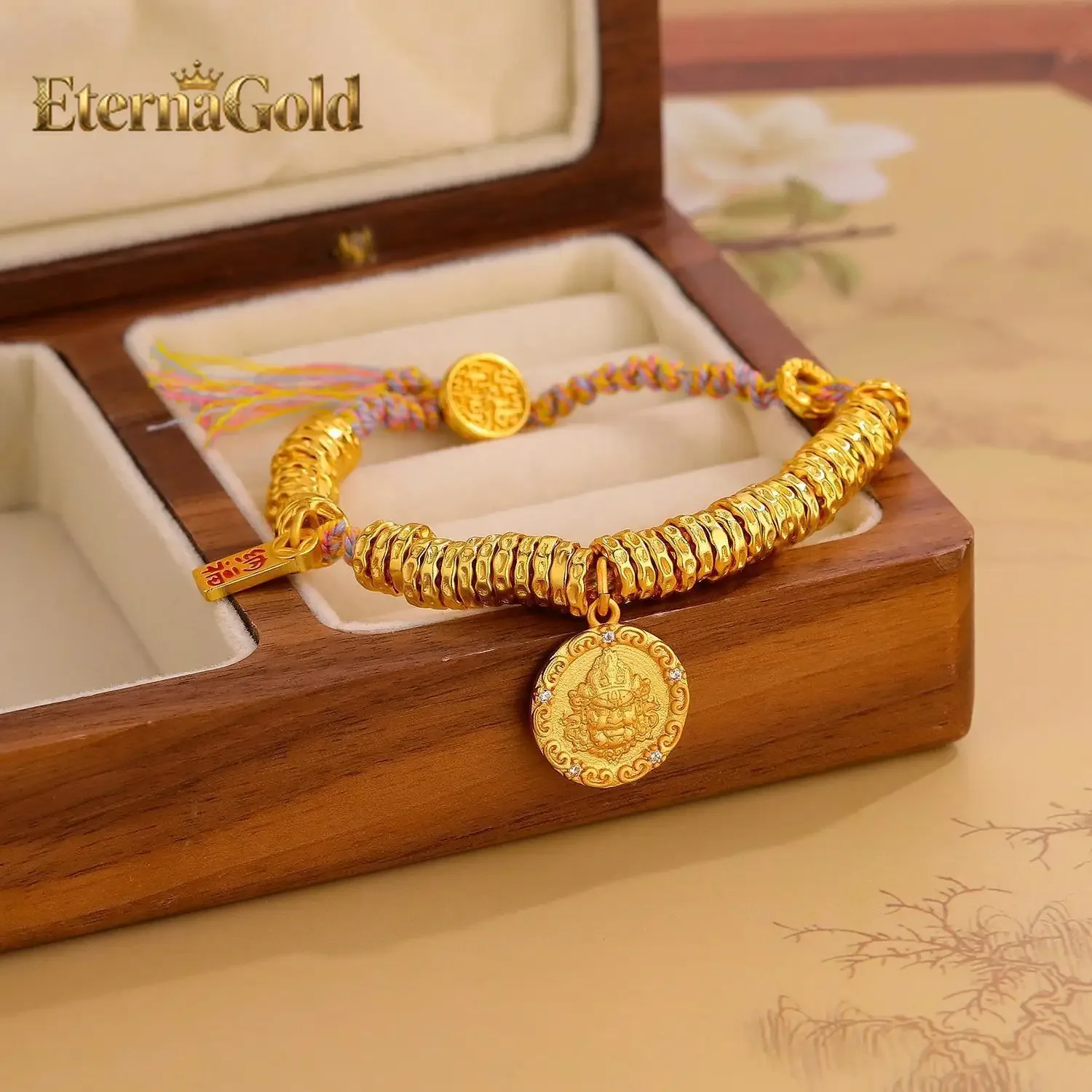EternaGold  Fashion 24K real gold Yellow God of Wealth coiled braided hand rope Ping An 999 pure gold joy button Chinese style b