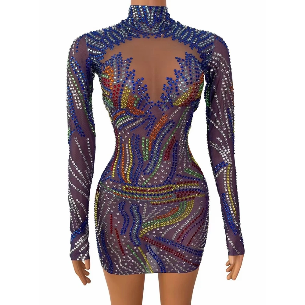 Sparkly Multi-color Rhinestones Transparent Long Sleeve Short Dress Evening Birthday Party Dress Women Dancer Singer Stage Wear