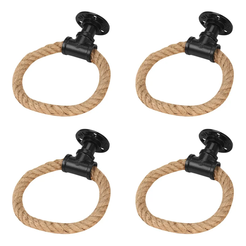 

B28C-4X Vintage Towel Rack Ring Industrial Style Wall Mount Towel Holder Iron Pipe Jute Rope Bathroom