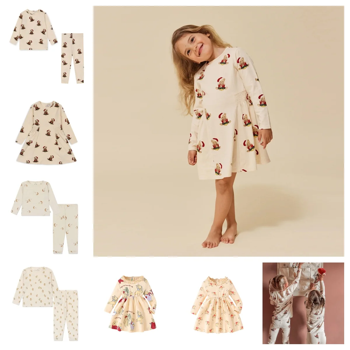 

2025 Christmas Bear Full Print Long Sleeve Long Pants Set Dress for Girls And Boys Autumn Winter Home Clothes Kids' Fashion