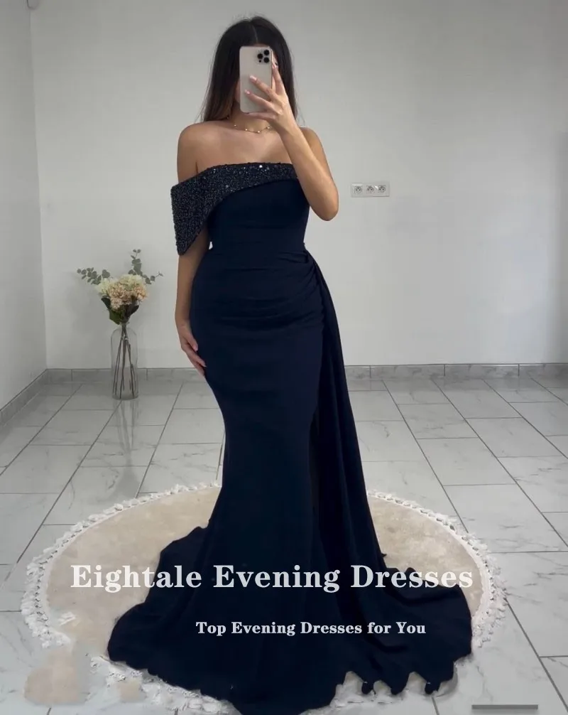 Vestido de lantejoulas sem ombro, elegante vestido de sereia para baile, festa de casamento, azul marinho