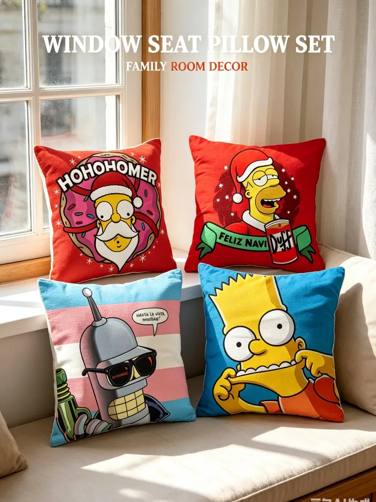 The Simpsons Cartoon Peach Skin Throw Pillow Covers, Homer Bart Bender Christmas Square Cushion Cases, Funny Anime Print Decorat