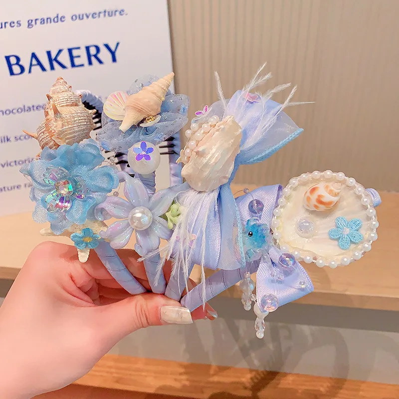 2026 New Summer Beach Shell Coach Headband For Girls Kids Boho Ocean Flower Tulle Bow Hair Hoop Children Hair Accessories Gift