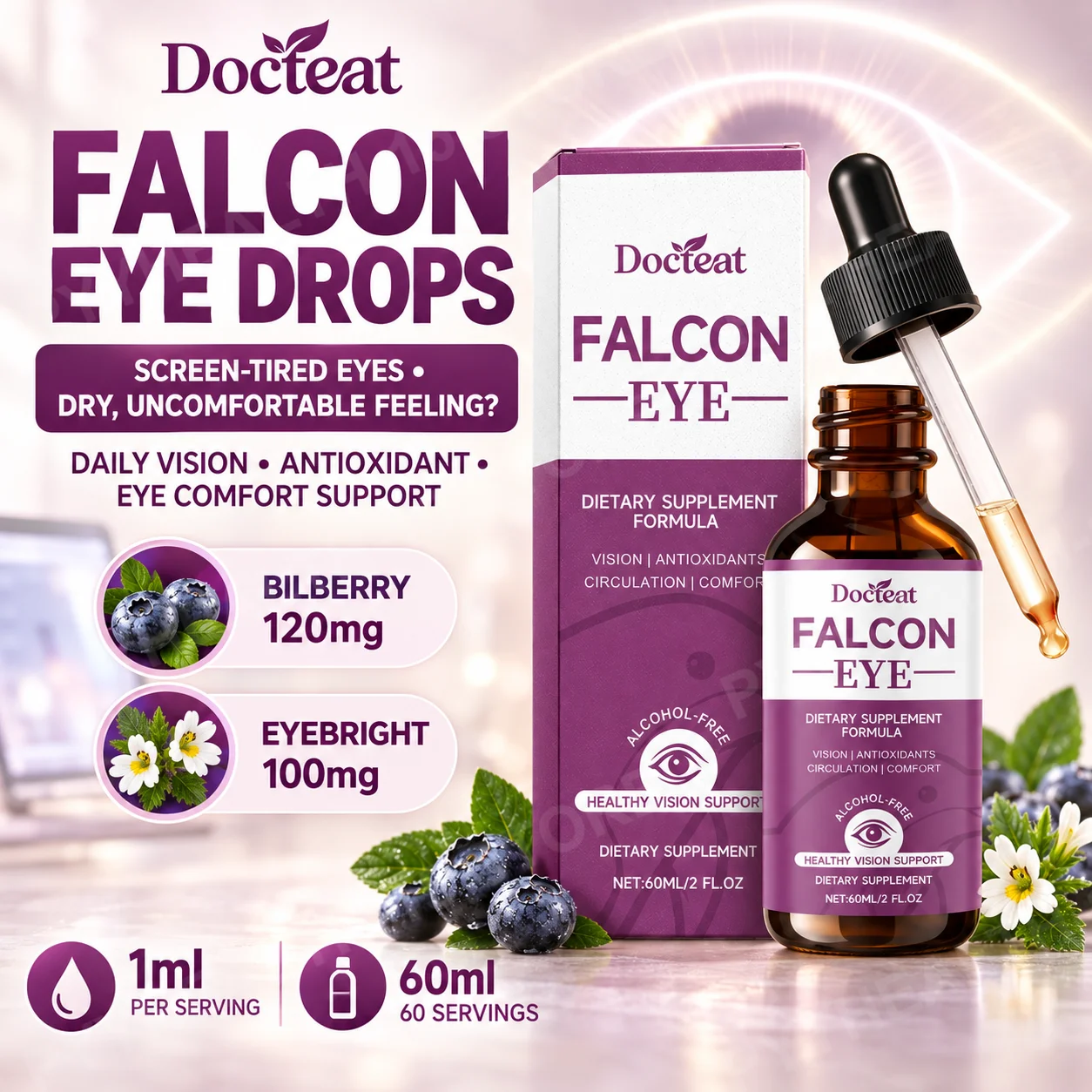 Falcon Eye Liquid Drops for Screen Fatigue, Dry Eye Comfort, Clear Vision & Healthy Circulation Support, 60 Servings Per Bottle