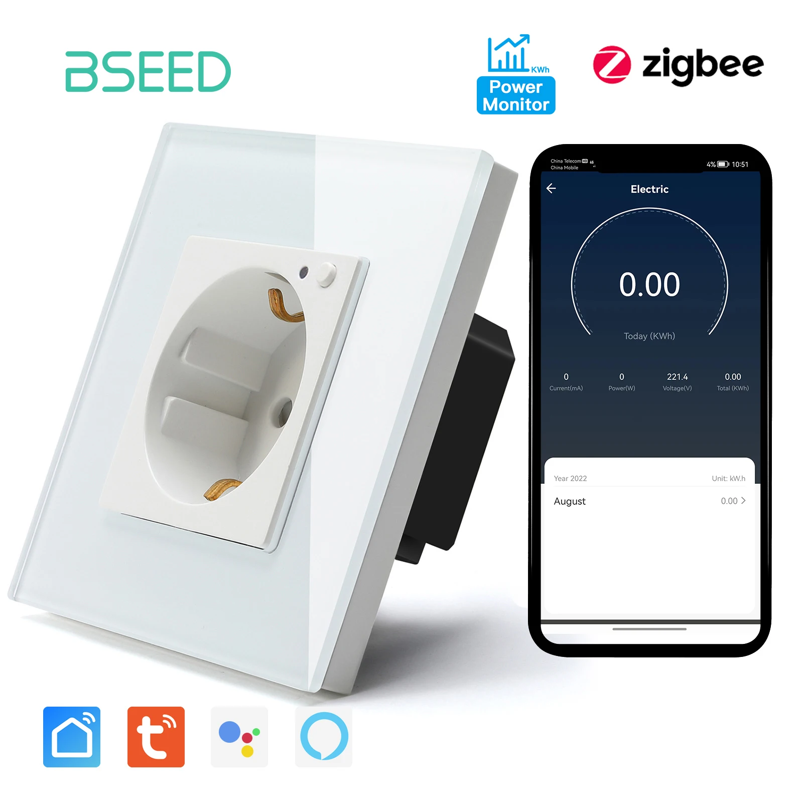 Bseed eu zigbee energie monitor wand steckdose kristallglas rahmen doppel smart outlets google home alexa smart life sprach steuerung