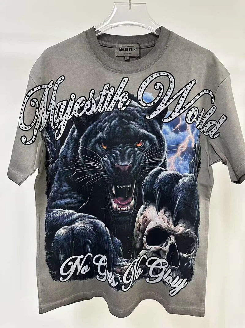 Panther-Schädel Tierdruck T-Shirt für Herren Vintage Gewaschenes Strass-Oberteil Übergroßes T-Shirt Streetwear Baumwolle Rundhals-Kleidung Sommer – Detail 2