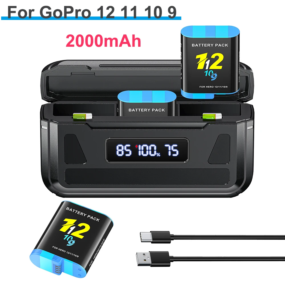 Batería de 2000mAh para GoPro Hero 12 11 10 9 + Cargador Rápido USB LCD de 3 Ranuras para Cámara Go Pro 10 9 Black, Batería para Go Pro 12 10 9