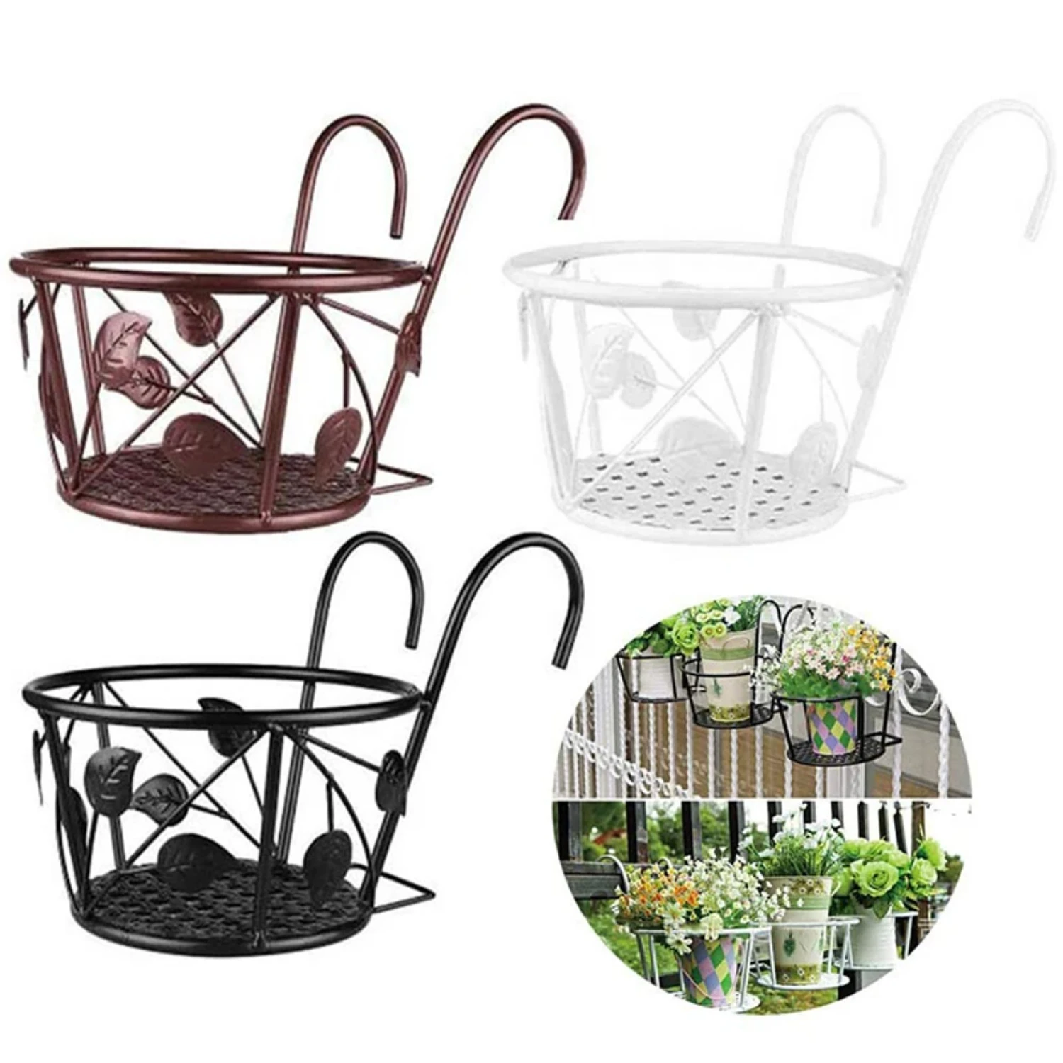 

Outdoor Hanging Basket Plant Iron Racks Fence Balcony Round Flower Pots Hanging Planter Stand Holder Garden Decoration