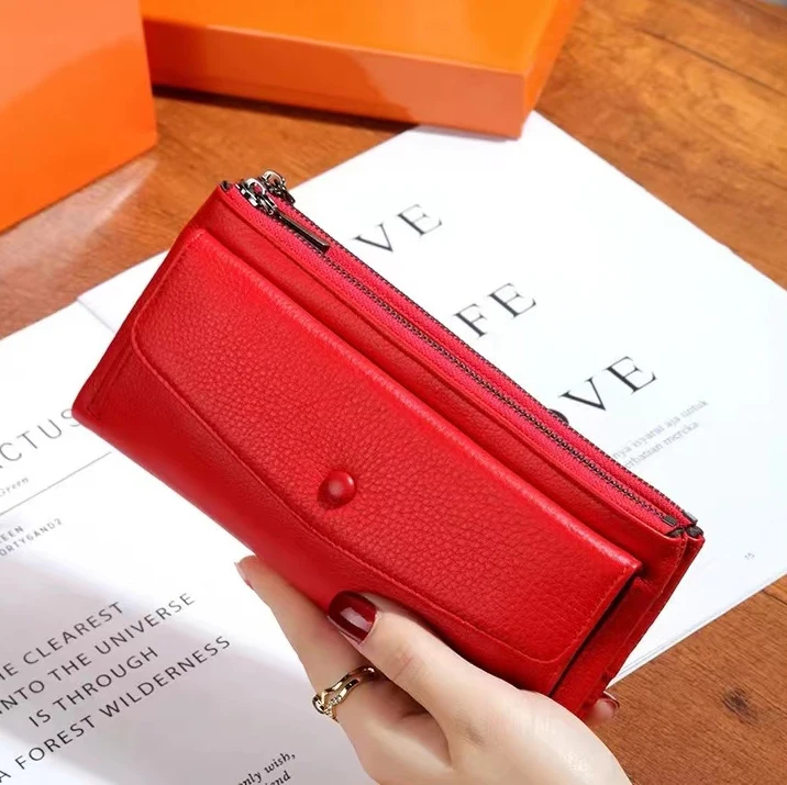 Dompet Wanita Dompet Ritsleting Ganda Panjang Kulit Sapi Tas Tempat Kartu Kredit Kapasitas Besar Warna Polos Sederhana dengan Saku Koin