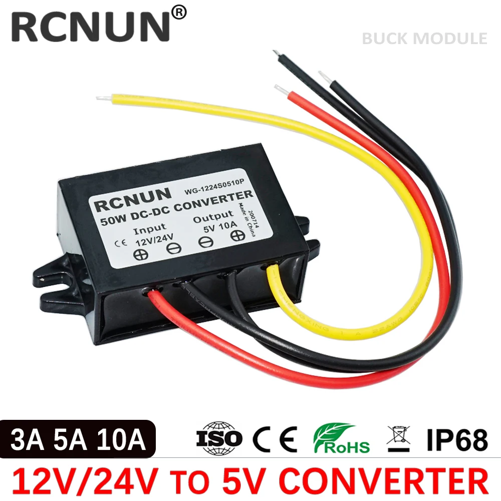 RCNUN 12V 24V to 5V 3A 5A 10A Step Down DC DC Converter Regulator 50W 24 12 Volt Buck to 5 Volt LED Power Supply for Cars