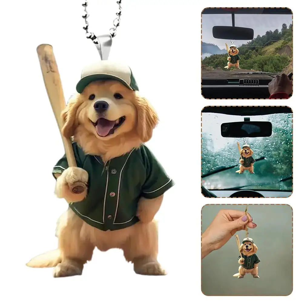 Cute Car Hanging Pendant With Dog Holding Baseball Bat,Cat Drinking Tea Rearview Mirror Pendant Cat Dog Car Interior Accessories