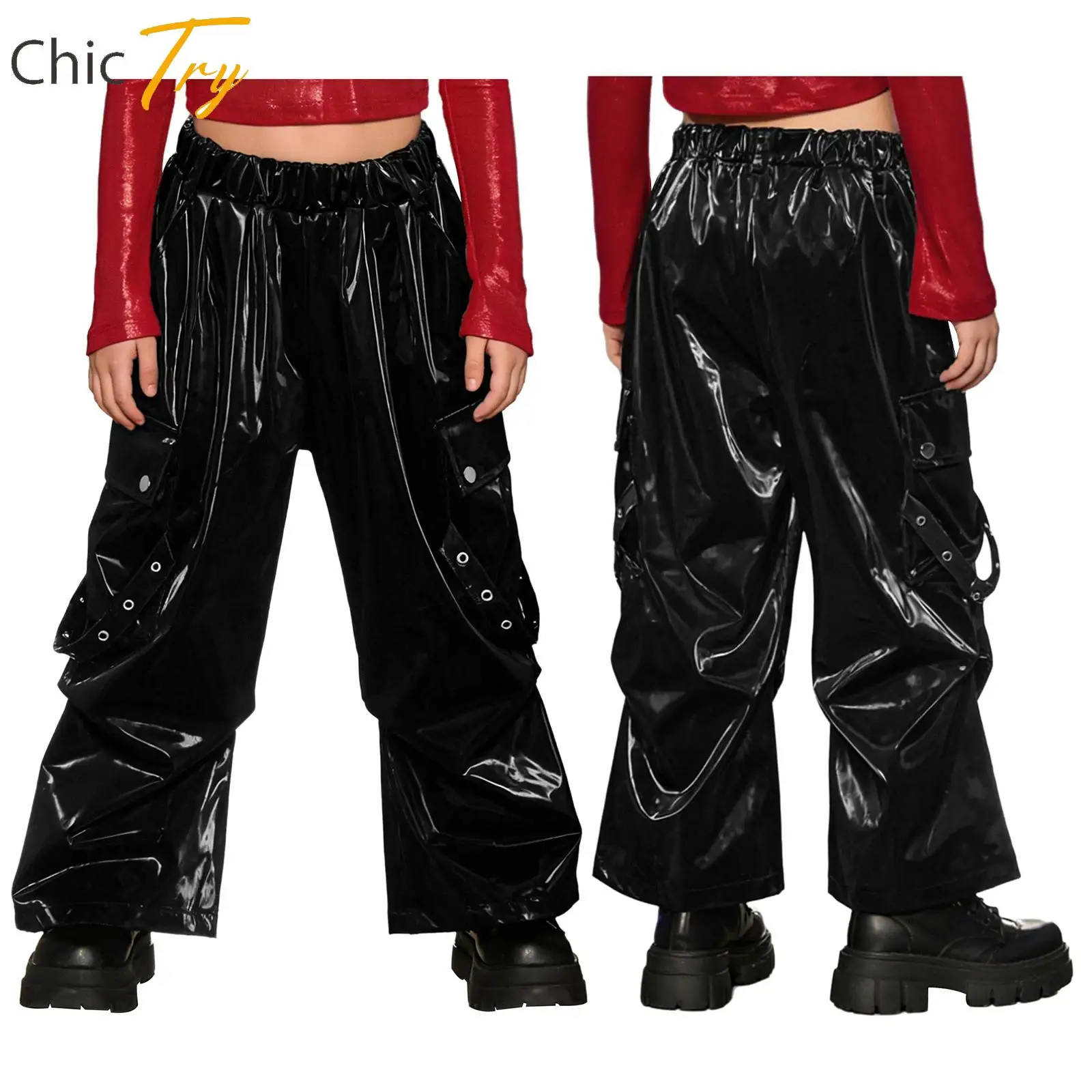 

Children's Hip Hop Street Dance Pants Girls Elastic Waist Glossy Faux Leather Pants for Festival Jazz Dance Party Stage Bottoms