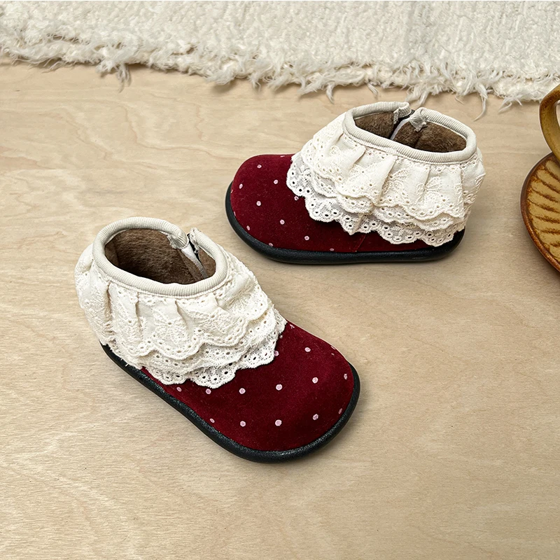 

2025 Children Short Boots for Girls Winter New Fashion Korean Style Soft Bottom Anti-slippery Versatile Princess Baby Lace Shoes