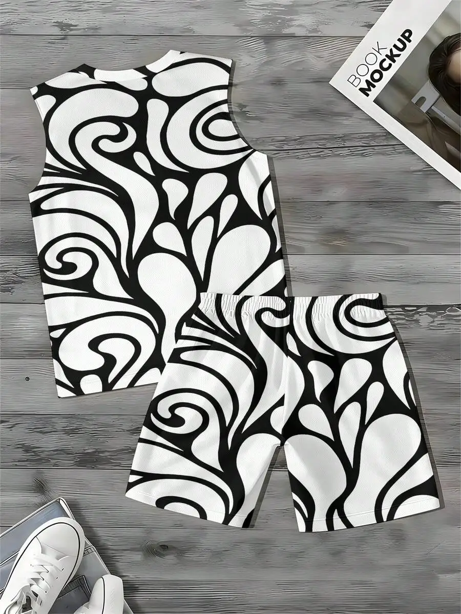 Abstract Wave Pattern 2026 European & American Spring Summer Autumn New Style Wide Shoulder Tank Top & Beach Shorts Set Men view 3