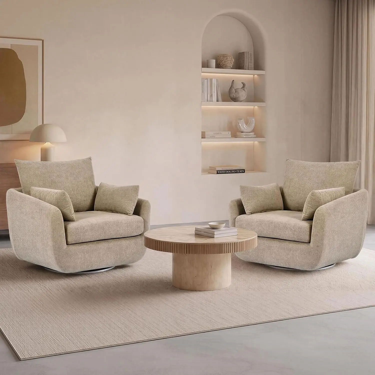 Swivel Accent Armchair,Oversized Modern LED Sherpa Boucle Fabric Sofa Chair with Removable Back & Arm Pillows,360° Swivel Chair