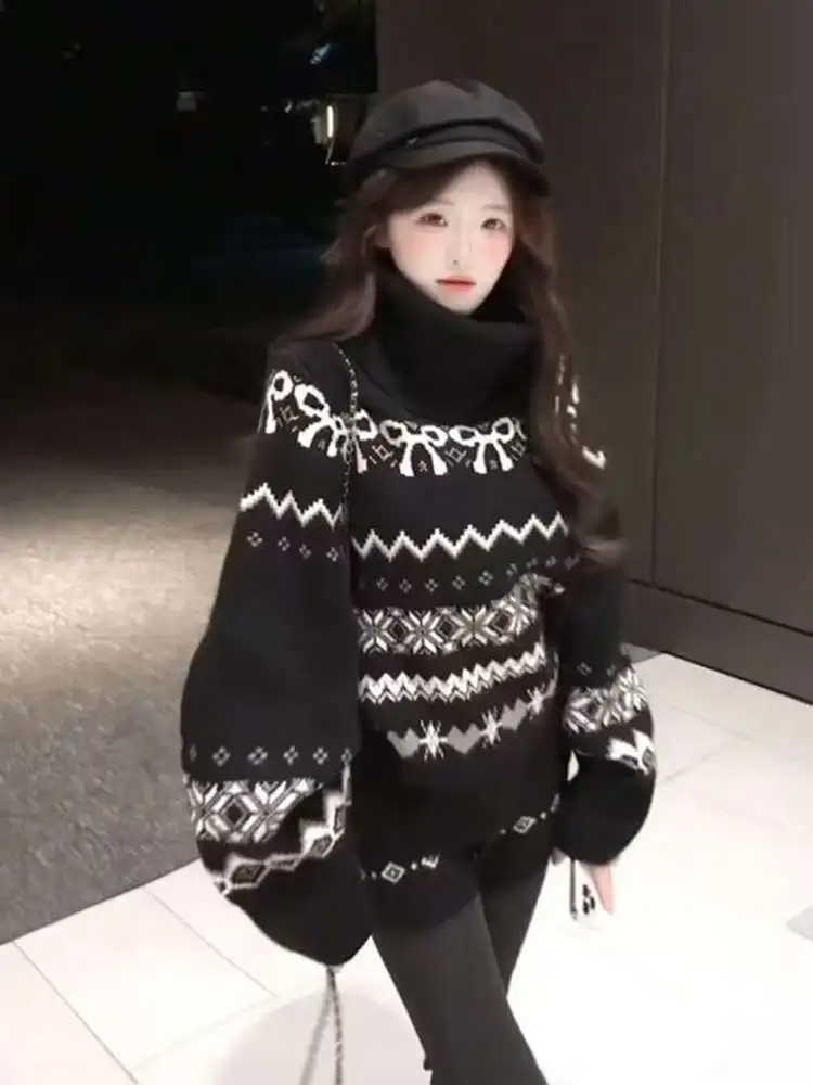 

Женский вязаный свитер и брюки в стиле ретро Lazy Sle, комплект с высоким воротником, осенне-зимний модный наряд