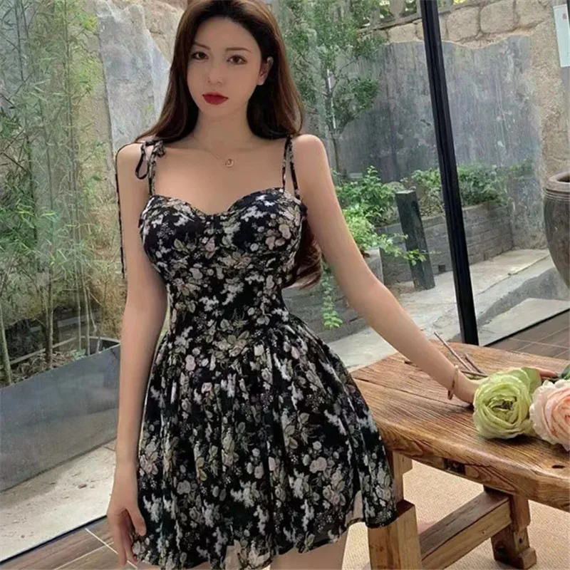 

Retro Floral Dresses Women Sexy Spaghetti Strap Lace Up Mini Dress Female Summer Holiday Beach Backless Empire Sundress