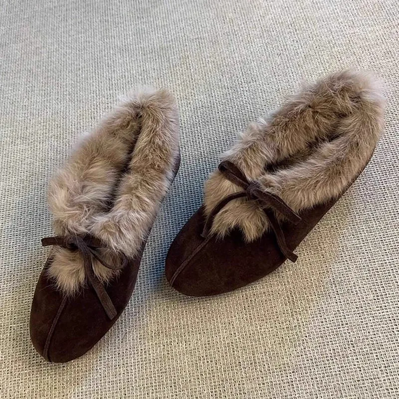 

Winter New Trend Retro Style Round Toe Bow Furry Shoes Women's Plush Warm Commuting One-foot Pedal Cotton Shoes