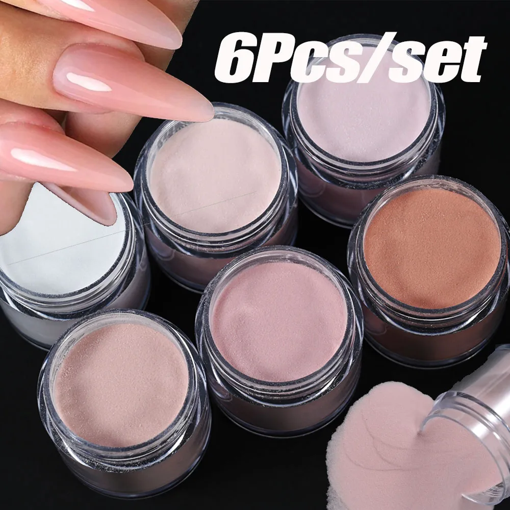 6Colors/set Nude Pink/Brown Acrylic Powder  Net.10g*6jars Professional Dipping Extension Crystal Powder Fast-Dry Polymer Powder