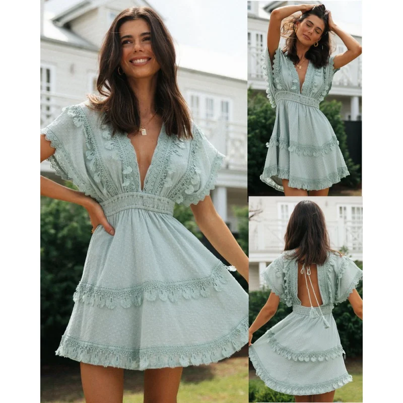 

Independent Stand Best Selling Women's Clothes Lace Stitching Tied Backless Large Swing Batwing Sleeve Dress