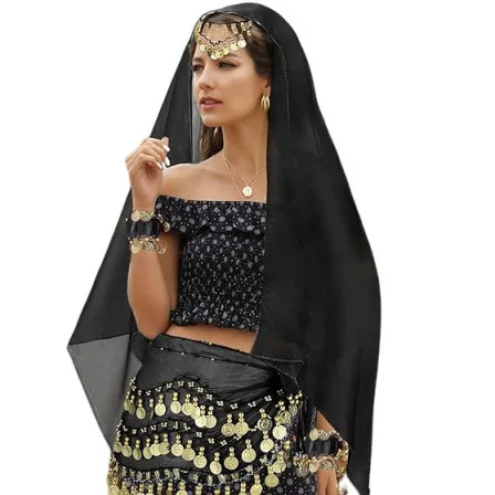 Belly Dance Costume 4-Piece Set Coin Chiffon Bracelets Waist Chain Headscarf Stage Performance Outfit Practice Accessories