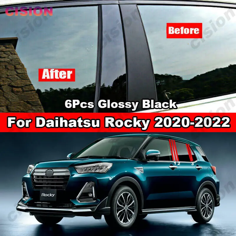 6x Car Window Door Column B C Pillar Post Cover Trim For Daihatsu Rocky 2020-2022 Glossy Black Mirror Effect PC Material Sticker