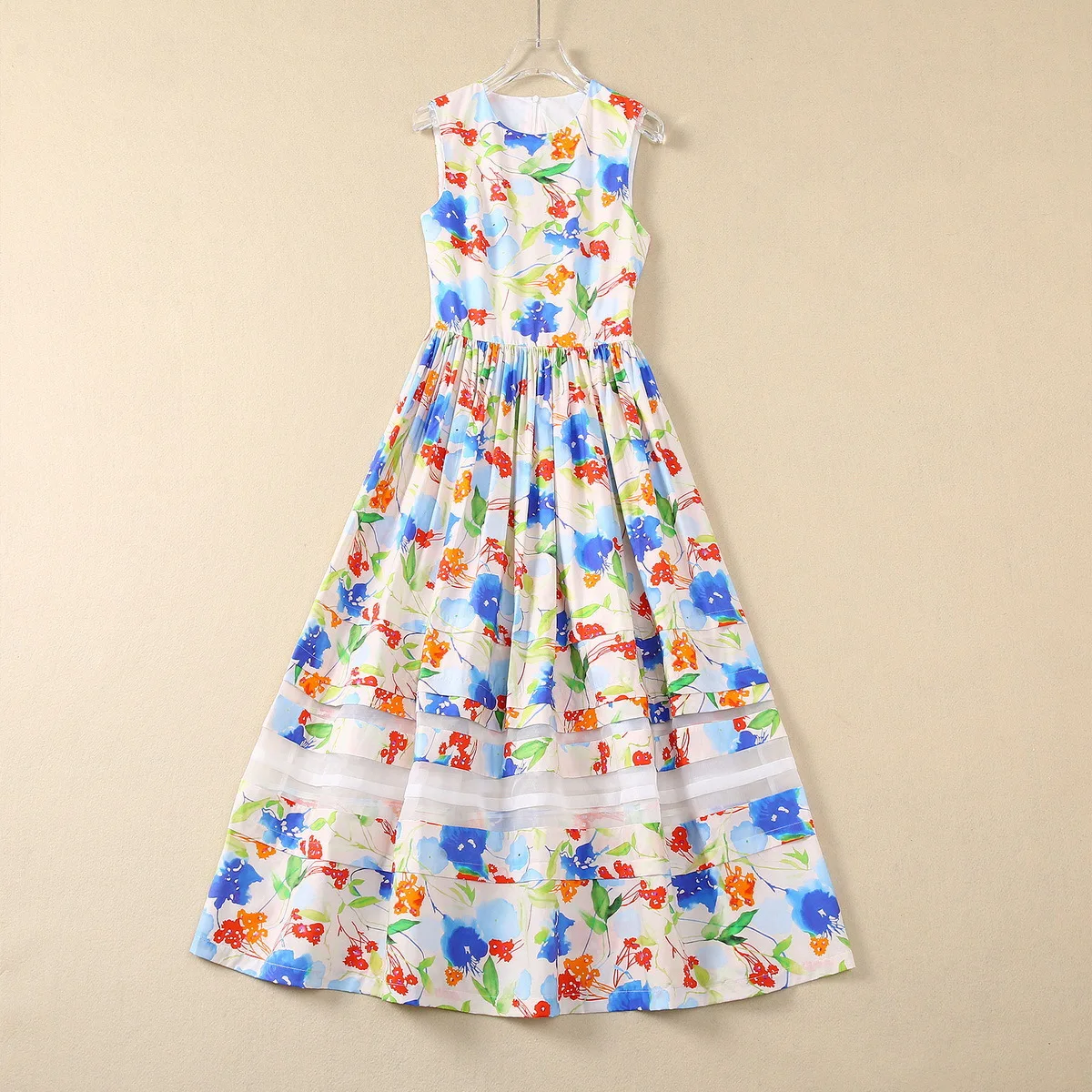 

European and American women's clothes 2024 spring new Round neck Sleeveless floral print Fashion Pleated cotton dress