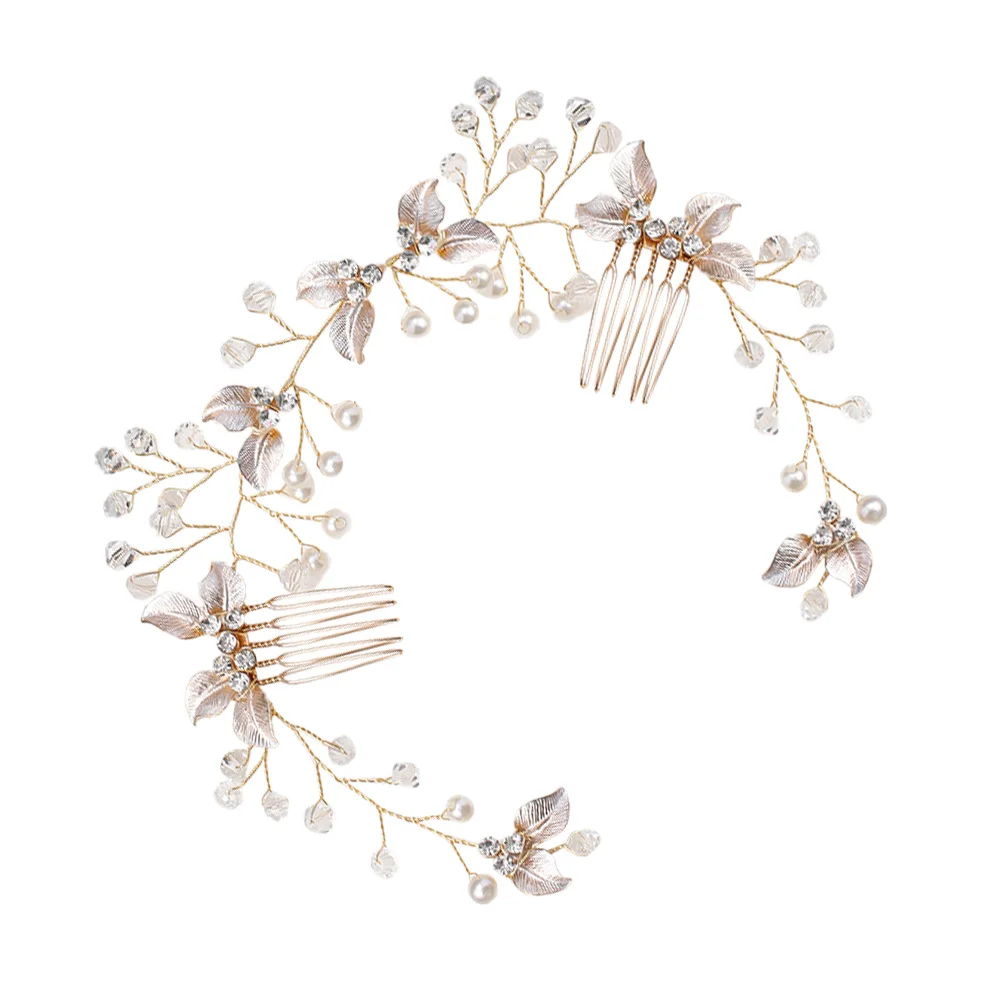 

Bride Hair Comb Pearl Headdress Wedding Accessories Golden Floral Design Chic Bridal Headwear Clip Pearl Hair Comb
