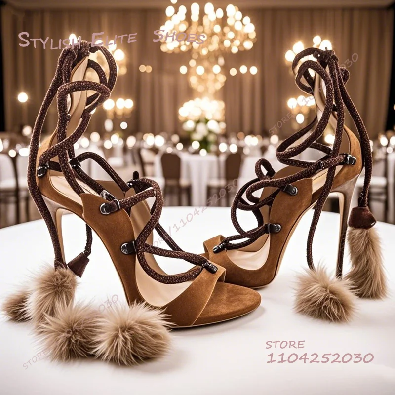 

Brown Fluffy Ball Tassel Strap Sandals Women Peep Toe Suede Hollow Heels Ankle Straps Girls Cool Zip Tassel-Tie Hot Chick Shoes