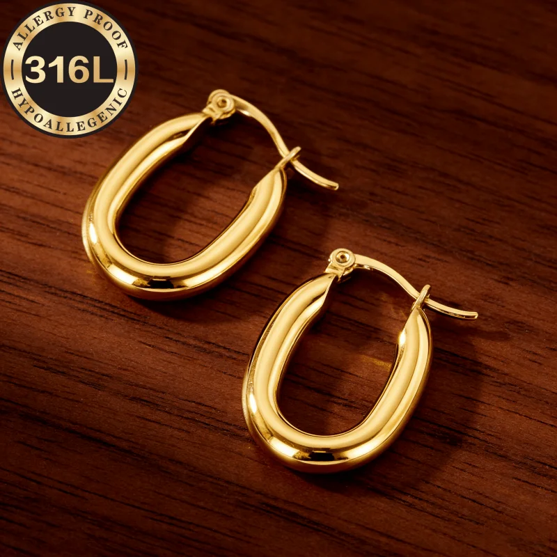 High quality Golden | Silvery stainless steel earrings, round line oval, anti-allergic, anti-fading, suitable for skin-friendly