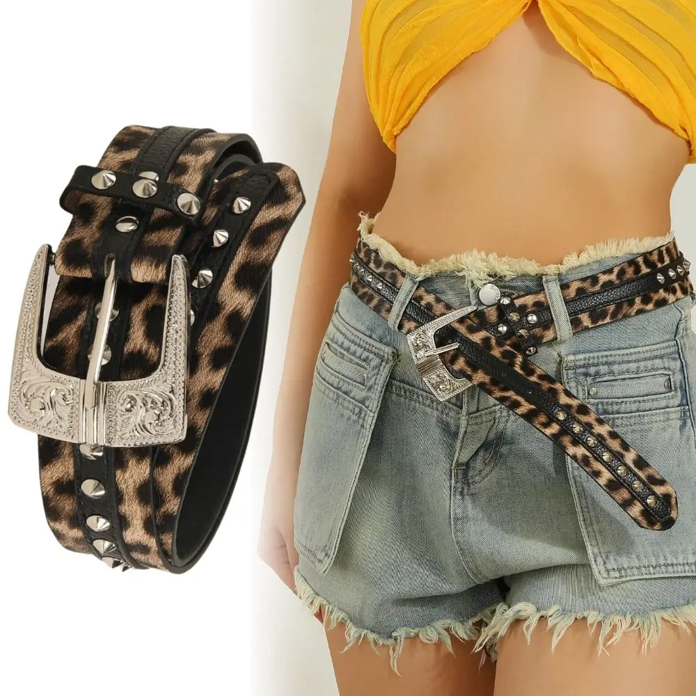 Pin Buckle Leopard Print Belt Rivet Decor Metal Rivets PU Leather Belt Antique Silver Buckle Engraved Design Waist Belt
