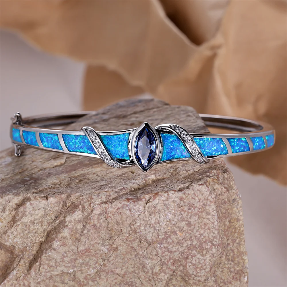 Royal Blue Crystal Marquise Stone Bangle Blue Fire Opal Bracelets For Women Vintage Silver Color Wedding Engagement Jewelry Gift