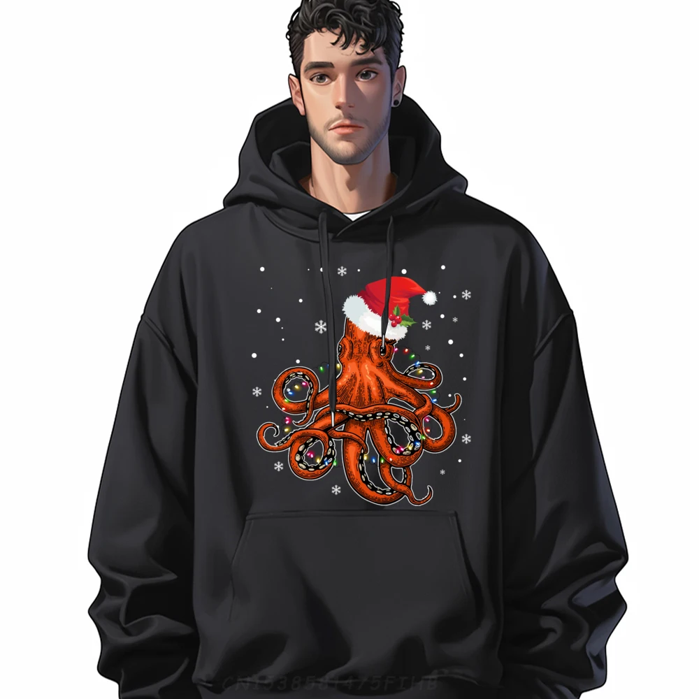 

Octopus Xmas Tree Lights Santa Hat Matching Christmas Camisetas Men's Polyester Sweater Classic