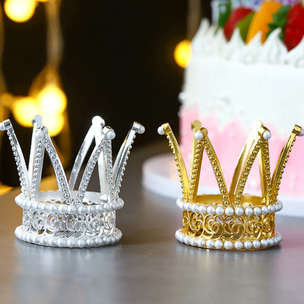 

2Pcs Crown Cake Decor Pearl Tiara Party Cake Ornaments Birthday Wedding Shower Elegant Decorations Crown Decoration