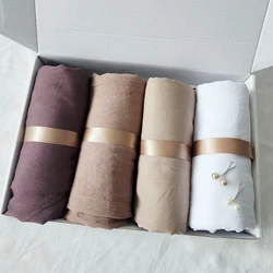 4pcs/Set Cotton Wrinkle Hijab Shawl Wraps For Women Muslim Hijab Pure Color Scarf Stoles Party Scarf Shawl 2024 Headband