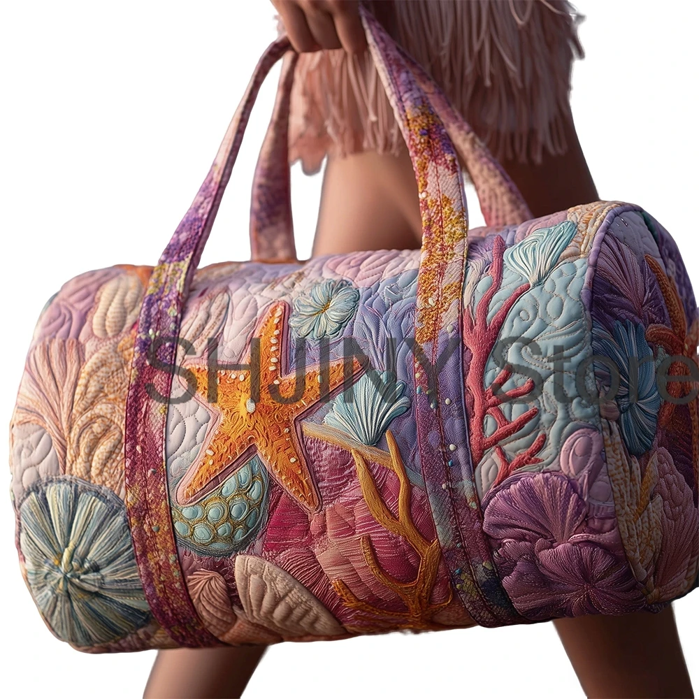 

Coastal Starfish Print Quilted Duffle Bag Ocean Patchwork Travel Tote Men Women Weekender Bag 2026 Outdoor Road Trips