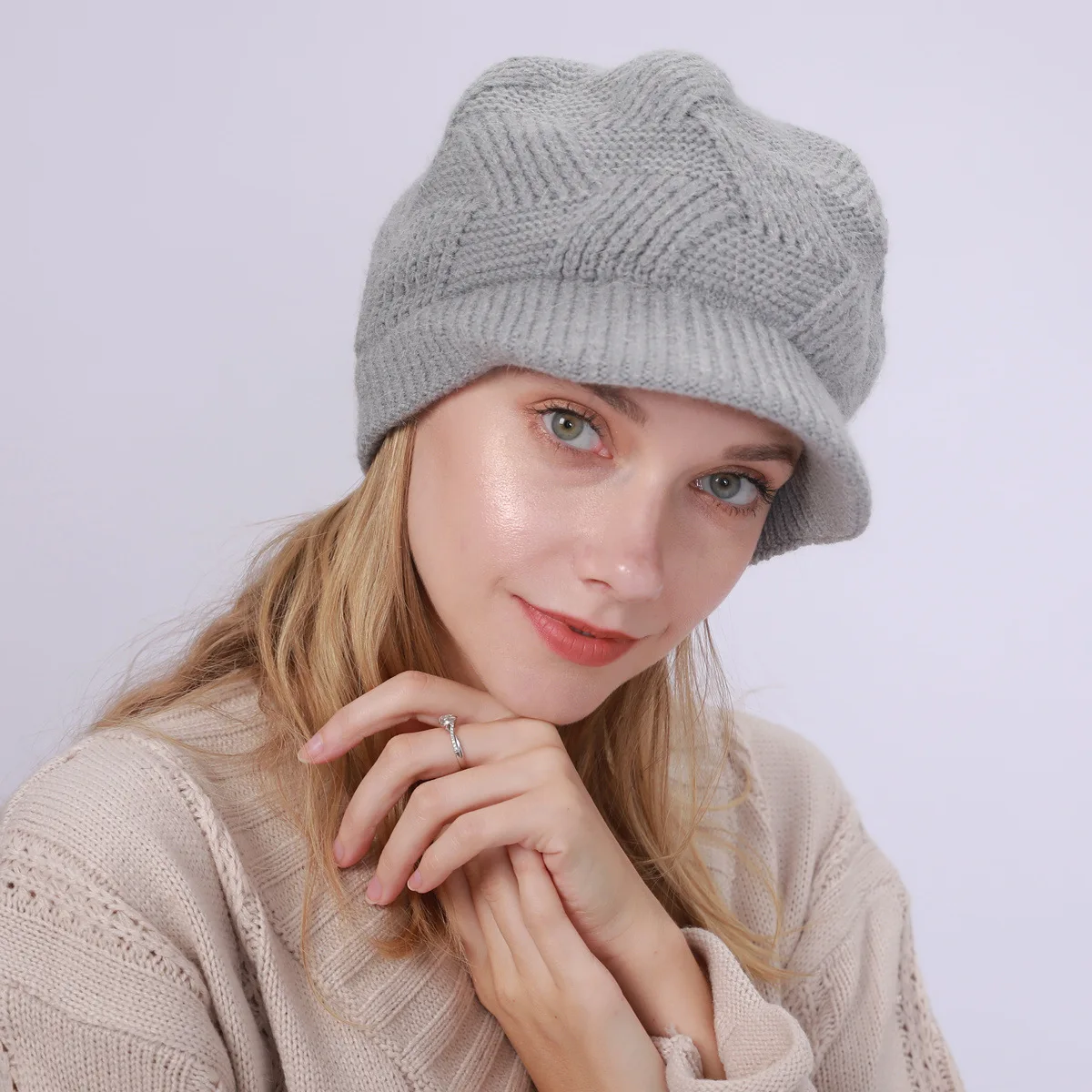 Women Winter Warm Fleece Lined Slouchy Skull Beanie Visor Cap Knitted Newsboy Hats Ladies Cold Weather Snow Hat Brimmed 4