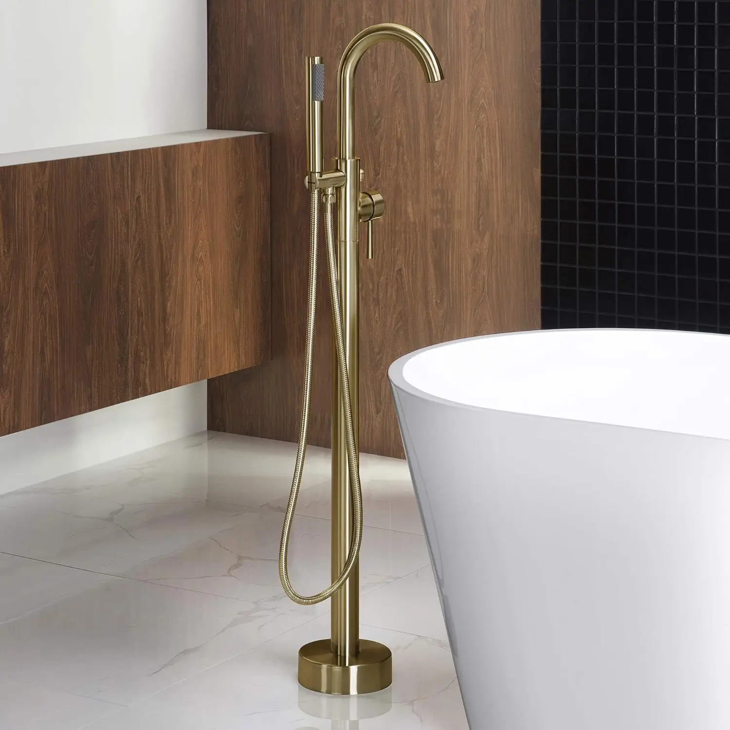 F0007 BG Freestanding Tub Filler Bathtub Floor Mount Brass Bathroom Faucets with Hand Shower, F-0007 Golden, Brushed Gold