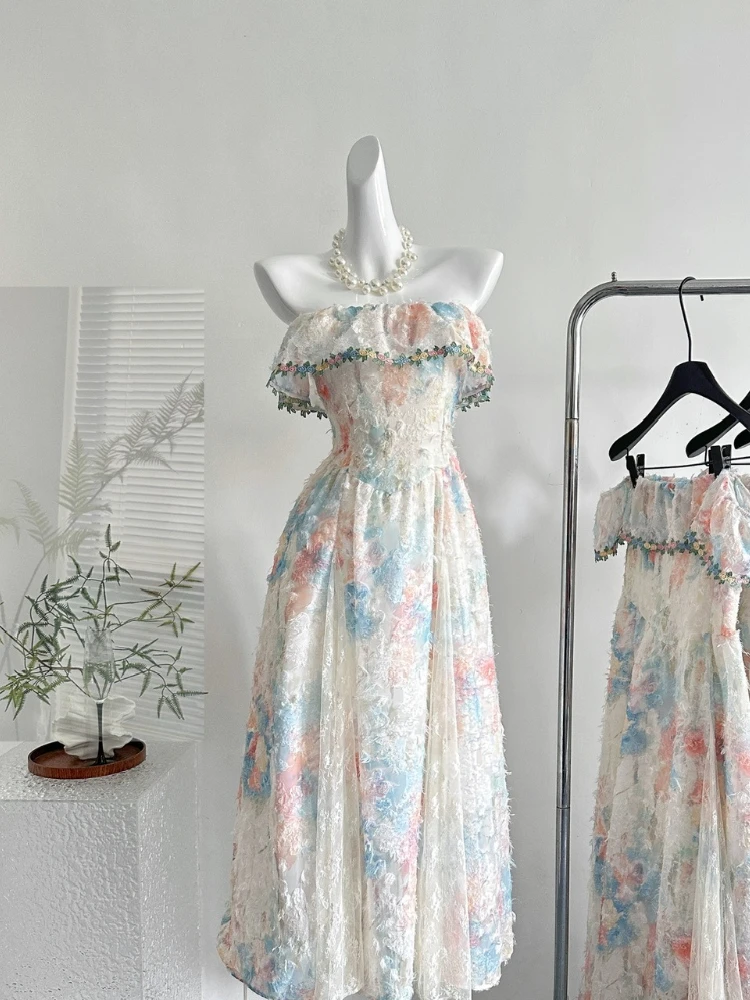 

2025 Summer French Elegant Vacation Sweet Evening Dress Women Lace Strapless Long Vintage Dress Casual Original Design Clothes